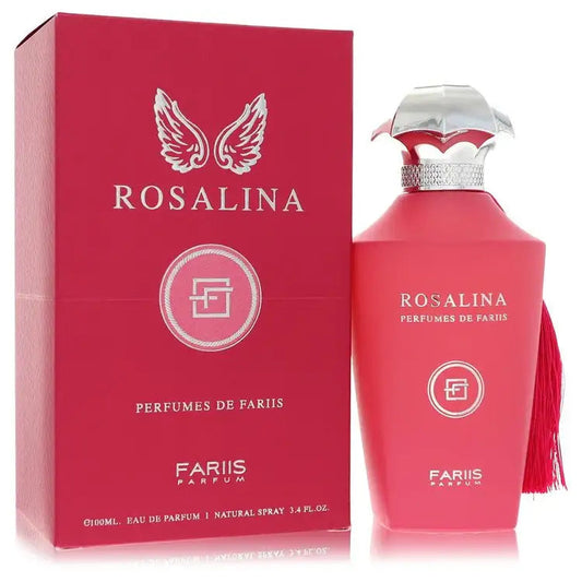 Rosalina unisex perfume bottle and box by Fariis, pink bottle with wing logo