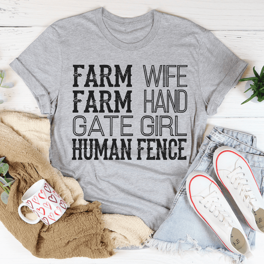 Heather gray T-shirt with bold farm lettering graphic across the chest
