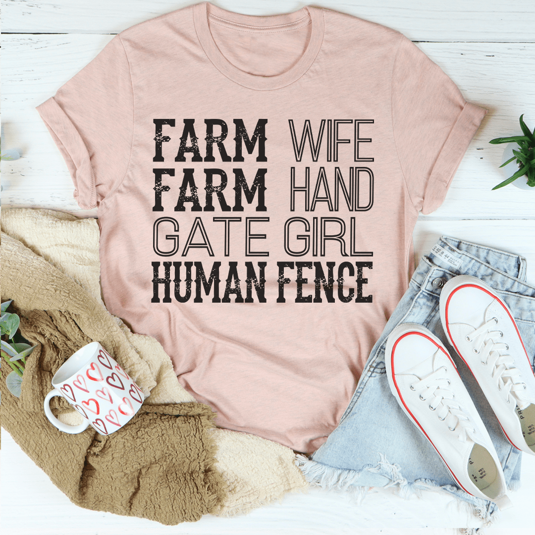 Mauve crew-neck T-shirt with bold farm lettering graphic on the front