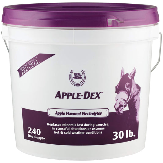 Apple-Dex apple flavored electrolyte bucket with purple lid and 30 lb label