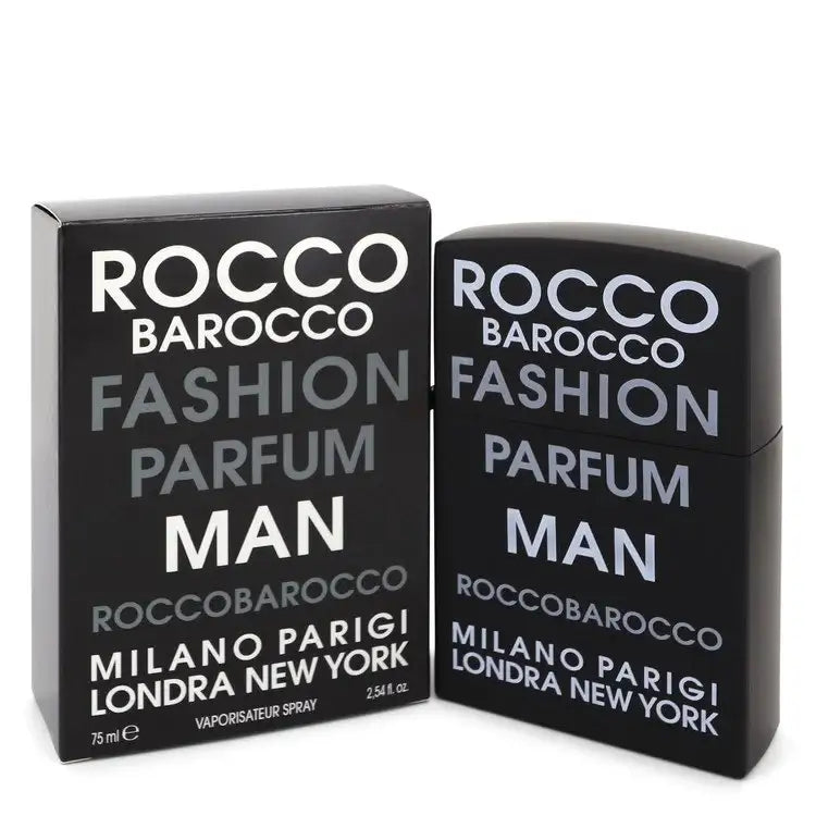 Men's cologne bottle beside box, Roccobarocco Fashion Parfum Man fragrance text