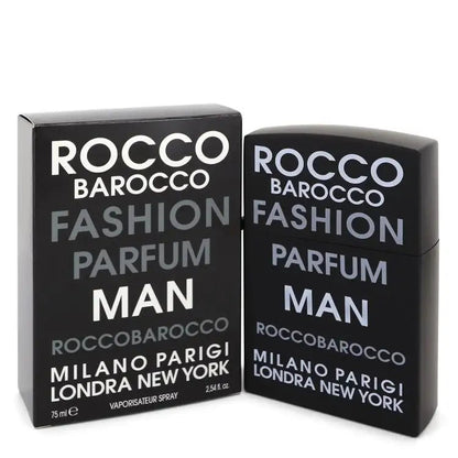 Men's cologne bottle beside box, Roccobarocco Fashion Parfum Man fragrance text