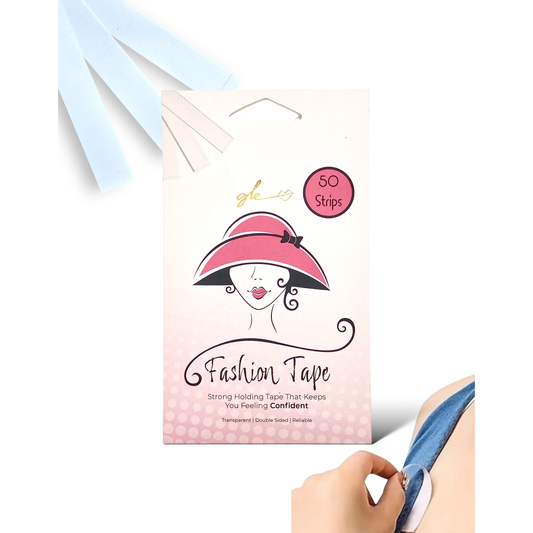 Fashion tape pack with 50 adhesive strips, pink hat graphic on a front card.