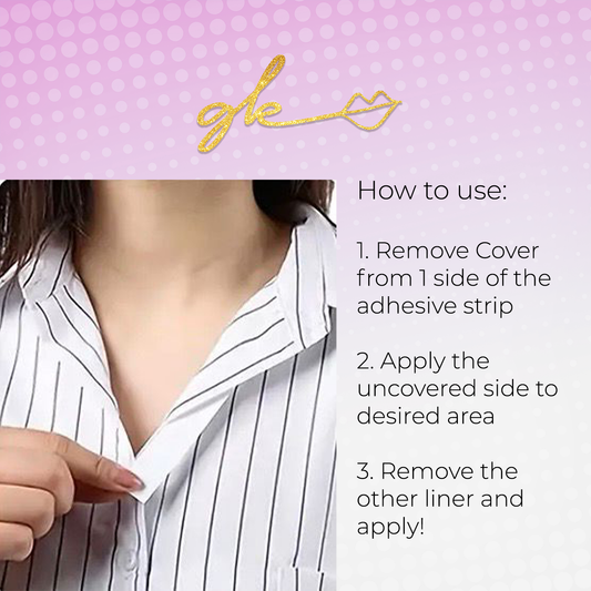 Fashion tape adhesive strip applied to a white pinstripe shirt neckline by hand.