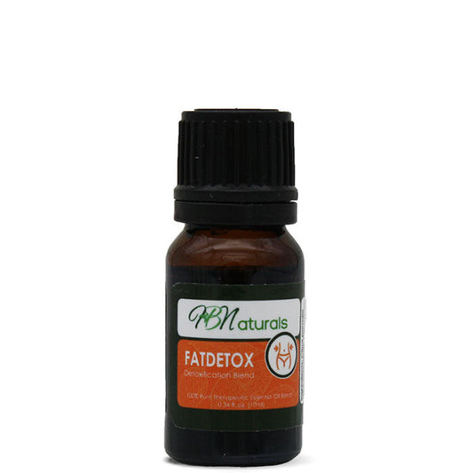 Essential oil blend bottle, black cap, brown glass, PB Naturals Fat Detox label