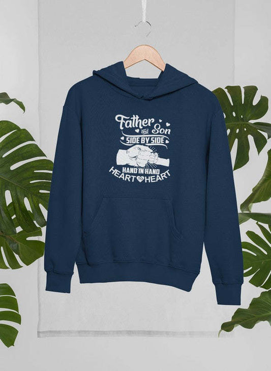 Father & Son hoodie in navy with front logo, heart graphic, and kangaroo pocket