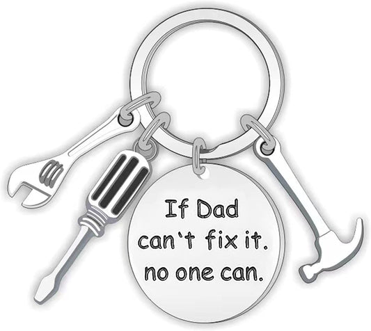 Metal keychain with tool charms and round tag: If Dad can’t fix it, no one can