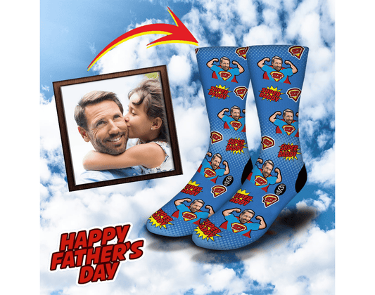 Blue crew socks with superhero dad faces and 'Super Dad' icons