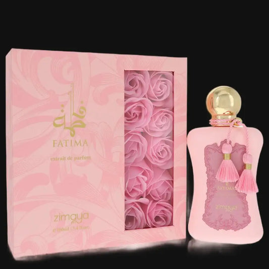 Fatima by Afnan women's perfume bottle with pink tassel, next to gift box