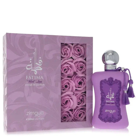 Women's purple perfume bottle with lavender gift box featuring rose graphic