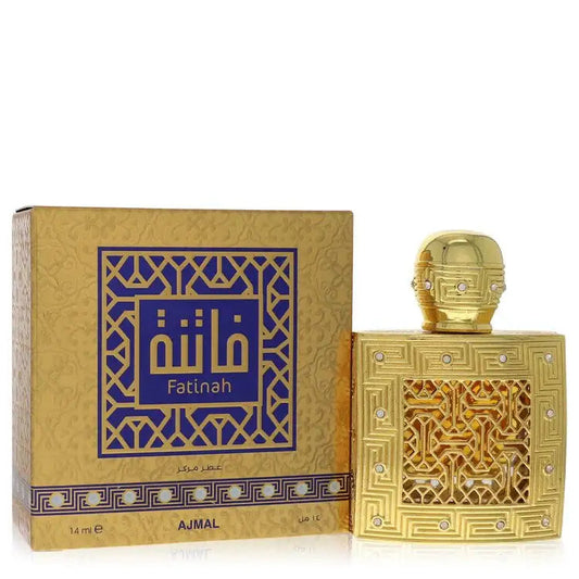 Unisex perfume bottle and gold-toned box, Ajmal Fatinah branding on front