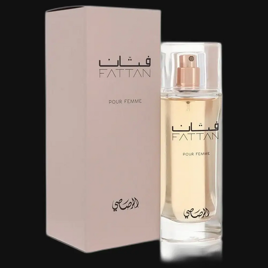 Fattan Pour Femme perfume: pink box and clear spray bottle with golden liquid