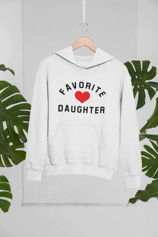 White hoodie with Favorite Daughter heart graphic and front kangaroo pocket