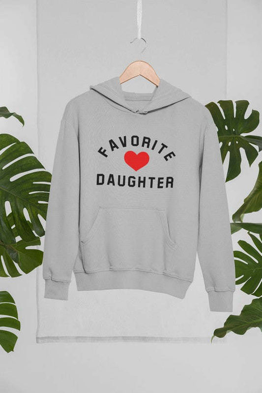 Heather gray hoodie with Favorite Daughter heart graphic and front kangaroo pocket