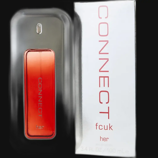 Women's perfume bottle with orange-red rectangular design in clear plastic case