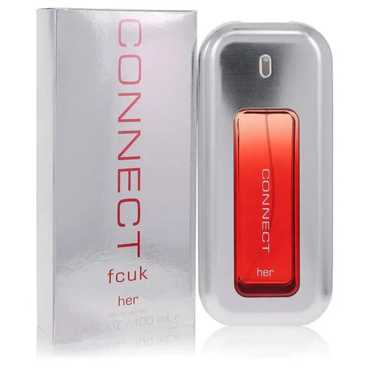 Women's perfume set: orange-red bottle in clear tray with boxed package