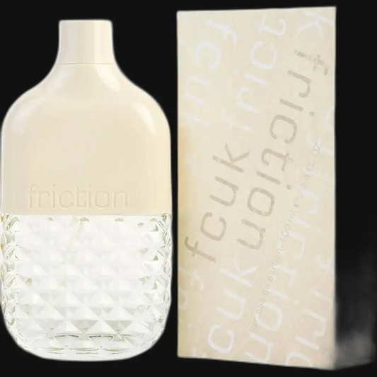 Women’s perfume bottle with white cap and faceted clear bottom; comes with cream box.