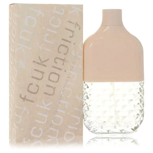 Women’s perfume bottle with beige cap, faceted clear base, and matching cream product box.