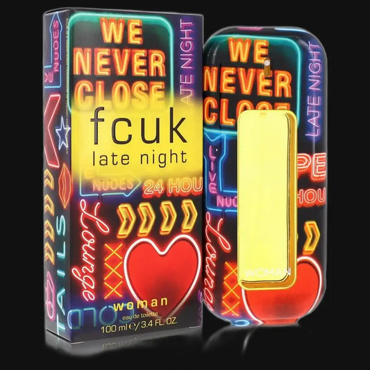 Women's perfume bottle and box with neon 'WE NEVER CLOSE' and 'late night' text