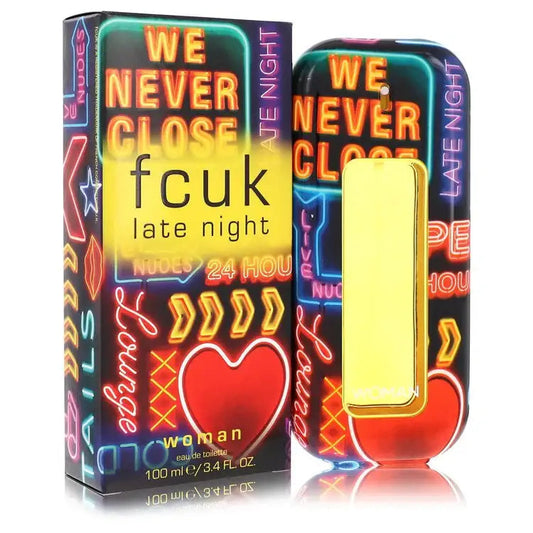 Women's perfume bottle upright beside box, neon 'WE NEVER CLOSE' and 'late night' text