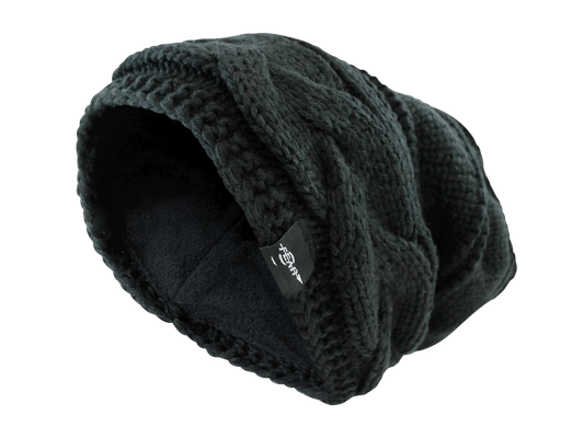 Dark knit beanie hat with fleece lining and folded cuff, textured cable knit