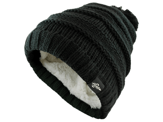 Black cable-knit beanie hat with plush insulated lining, toddler size