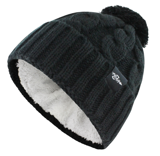 Black cable-knit beanie with folded cuff, plush lining, and pom-pom top
