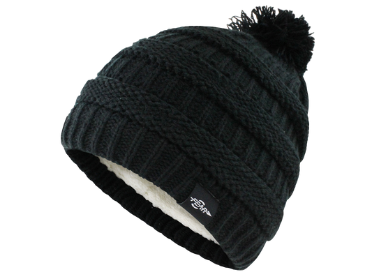 Black knit cable beanie with pom-pom and plush inner lining