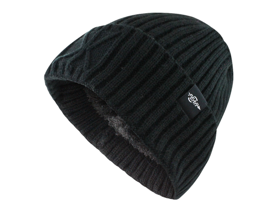 Black rib-knit beanie with plush insulated lining and small logo patch