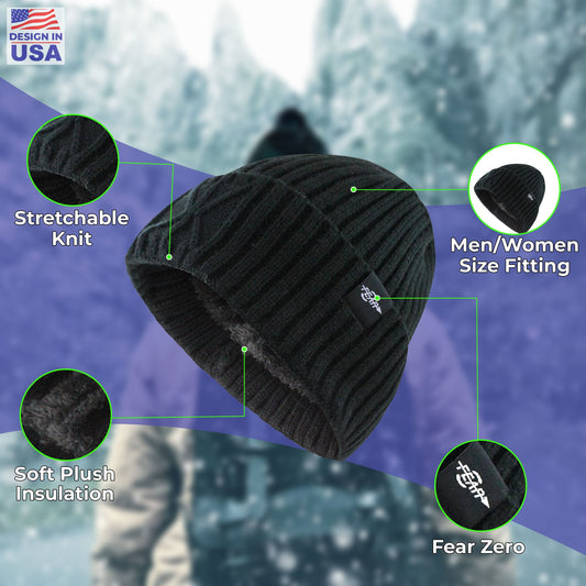 Black tactical knit beanie with folded cuff and front logo patch