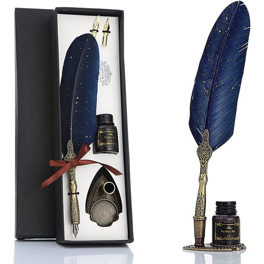 Feather Pen And Ink Set, Glittering Quill Pen Set Antique Calligraphy Dip Pen With Ink, 2 Replacement Nibs, Pen Stand Base, Luxury Vintage Signature Pen - Renee Lane Company