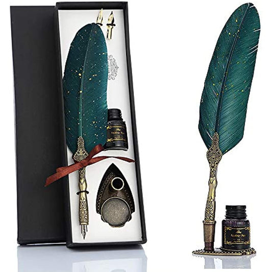 Feather Pen And Ink Set, Glittering Quill Pen Set Antique Calligraphy Dip Pen With Ink, 2 Replacement Nibs, Pen Stand Base, Luxury Vintage Signature Pen - Renee Lane Company