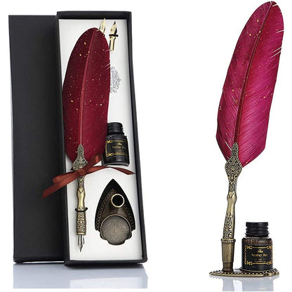 Feather Pen And Ink Set, Glittering Quill Pen Set Antique Calligraphy Dip Pen With Ink, 2 Replacement Nibs, Pen Stand Base, Luxury Vintage Signature Pen - Renee Lane Company