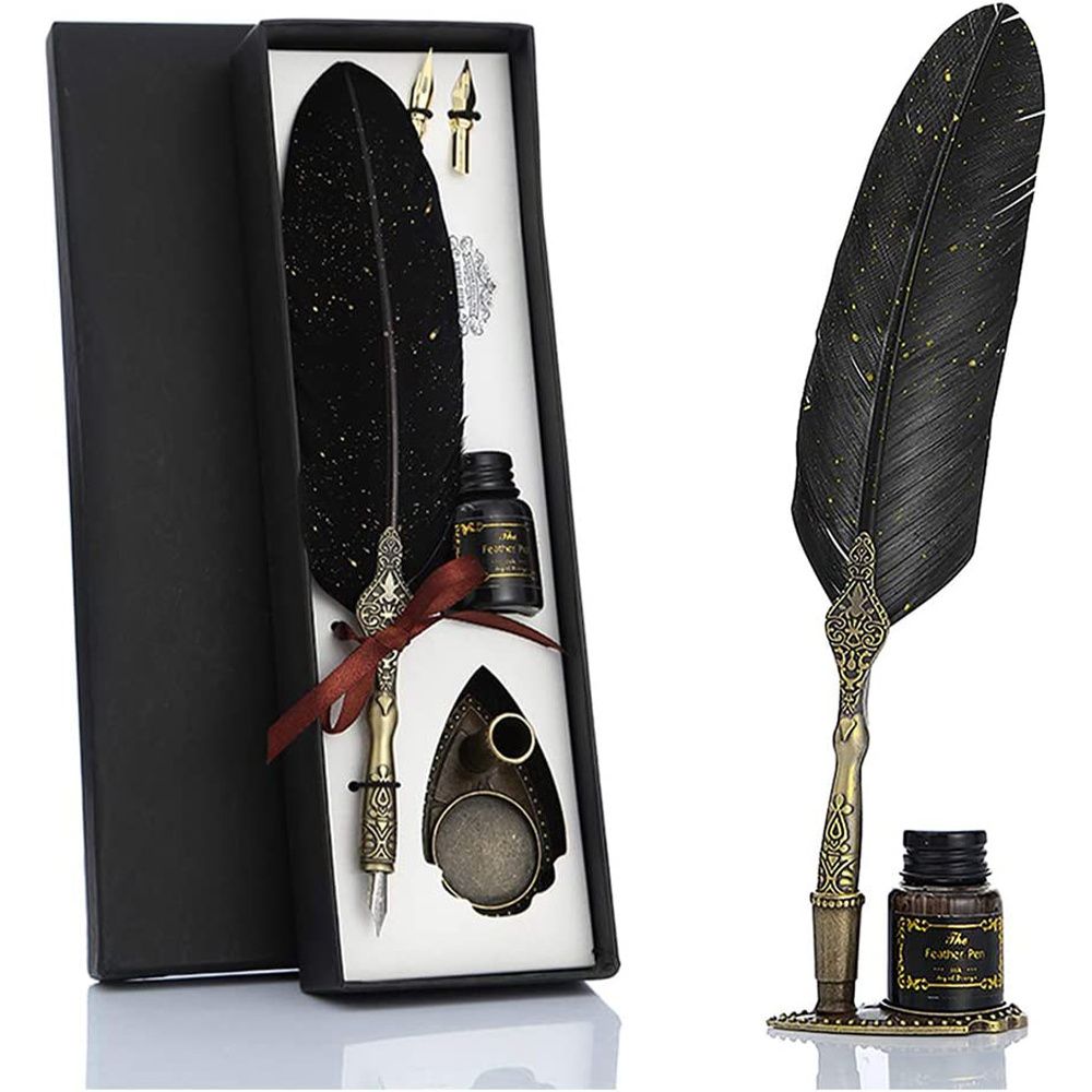 Feather Pen And Ink Set, Glittering Quill Pen Set Antique Calligraphy Dip Pen With Ink, 2 Replacement Nibs, Pen Stand Base, Luxury Vintage Signature Pen - Renee Lane Company