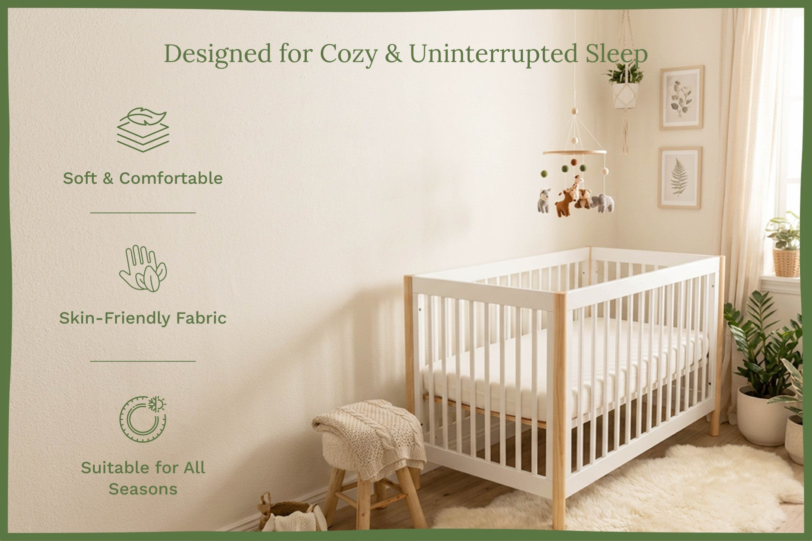 Baby crib fitted sheet set in natural cotton, shown with folded sheet stacks