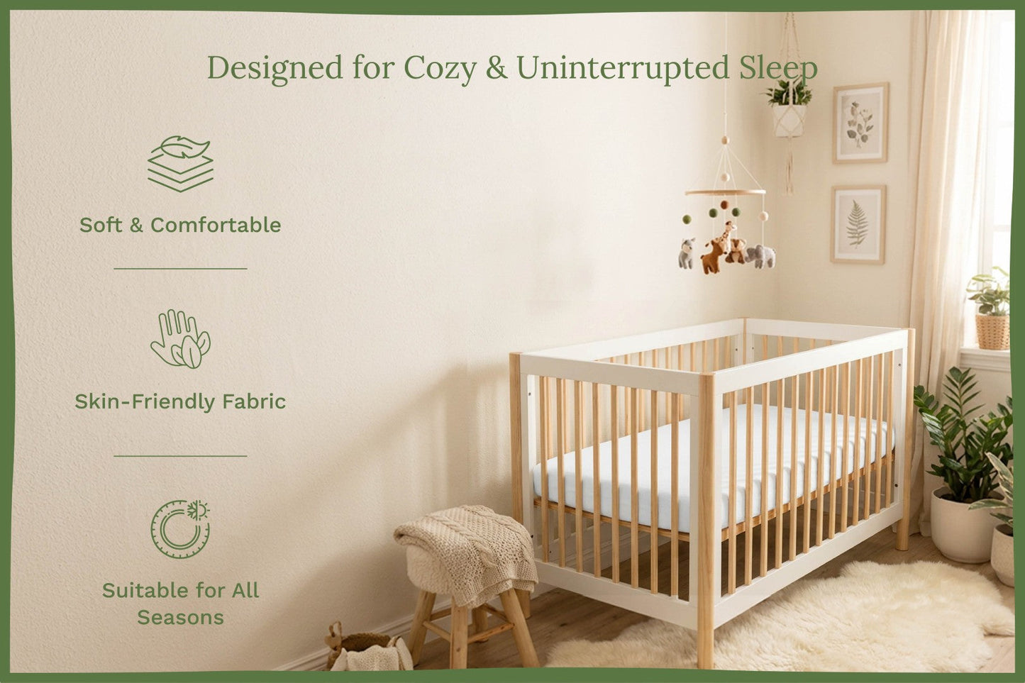 Baby crib fitted sheet set in natural cotton, shown on a crib mattress