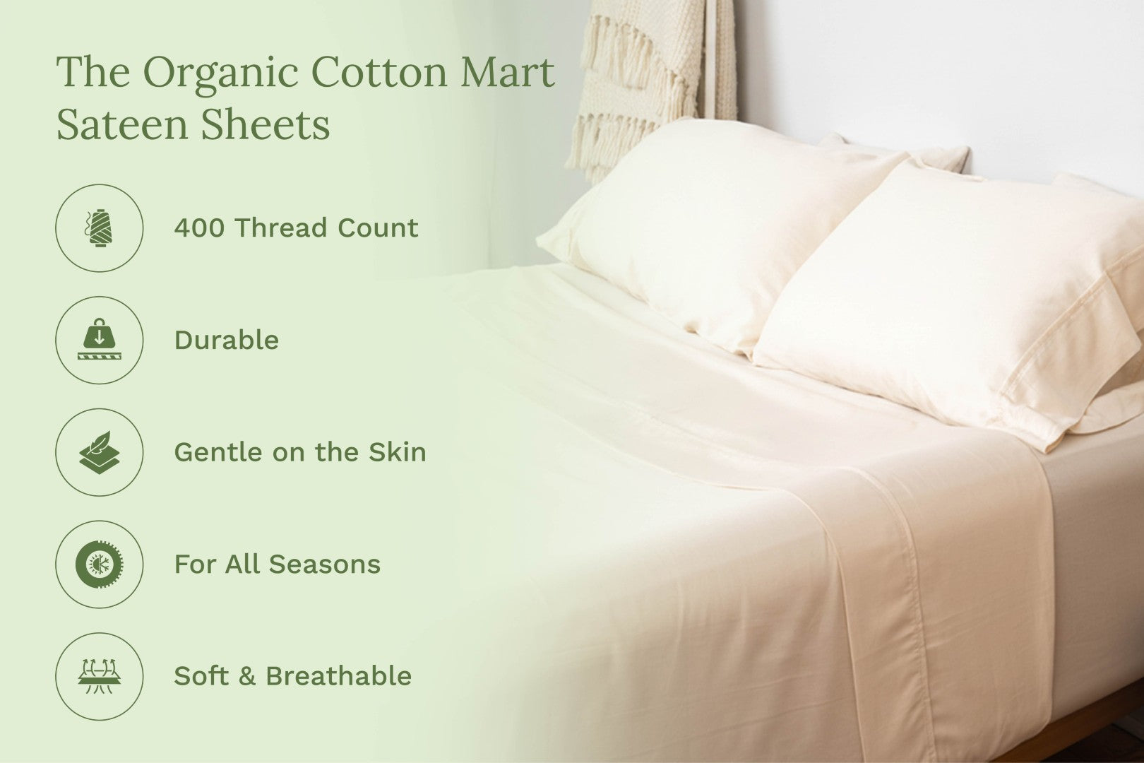 White sateen bed sheet set with matching pillows on a bed