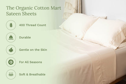 White sateen bed sheet set with matching pillows on a bed