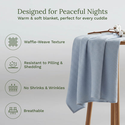Waffle weave blanket, light blue draped over a chair with waffle texture