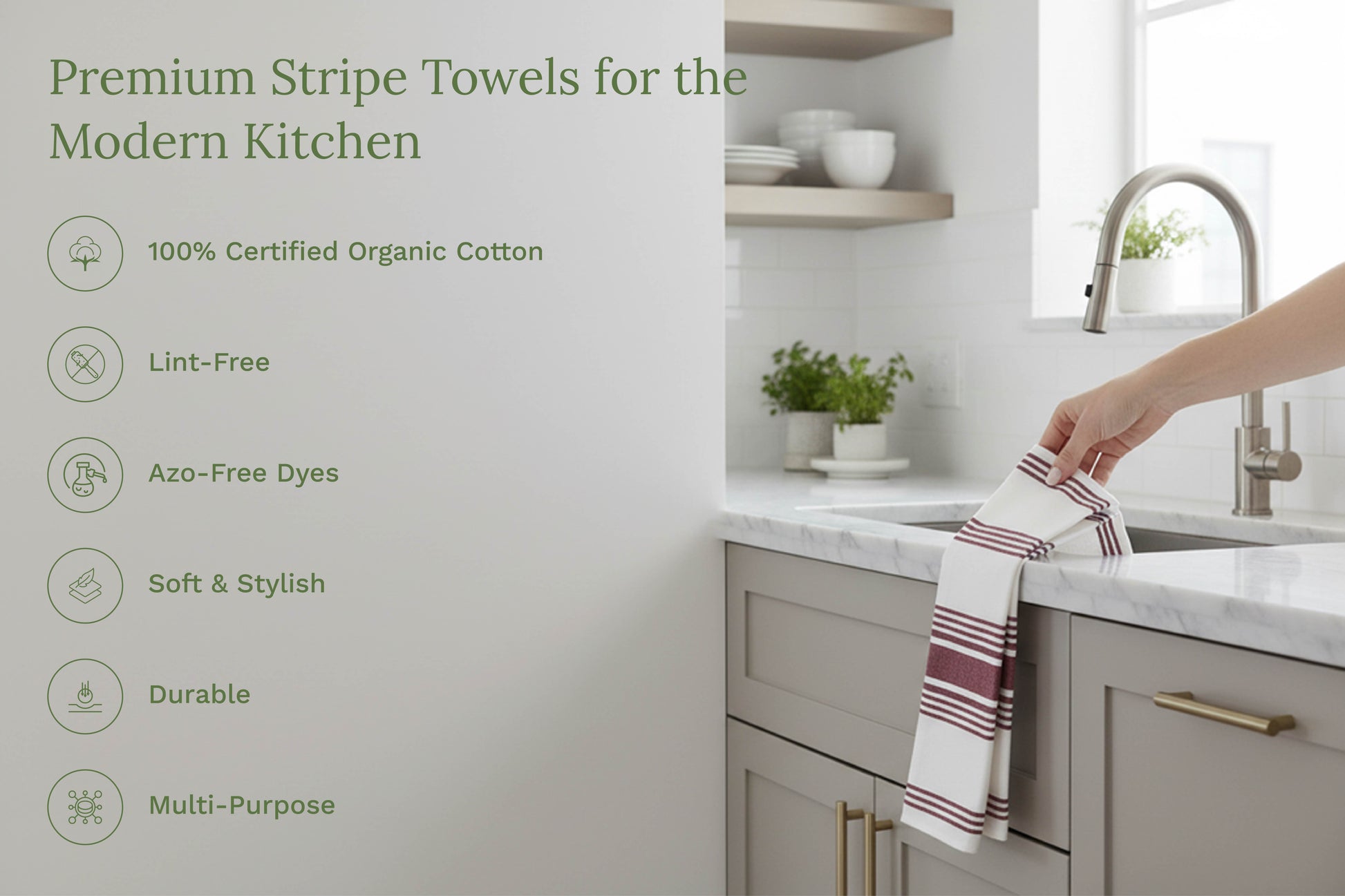 Striped kitchen towels being placed on a countertop, maroon and white stripes