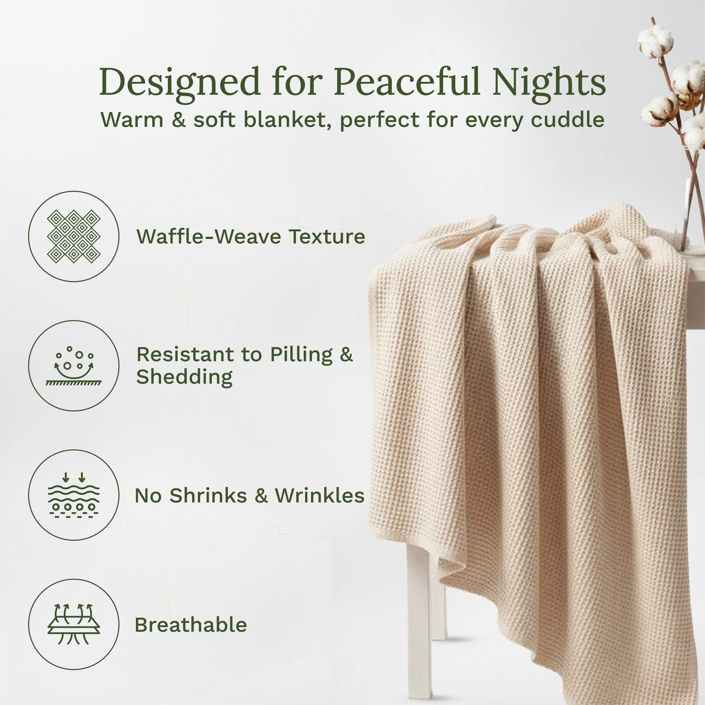 Waffle-weave blanket in light beige, draped over a chair back.