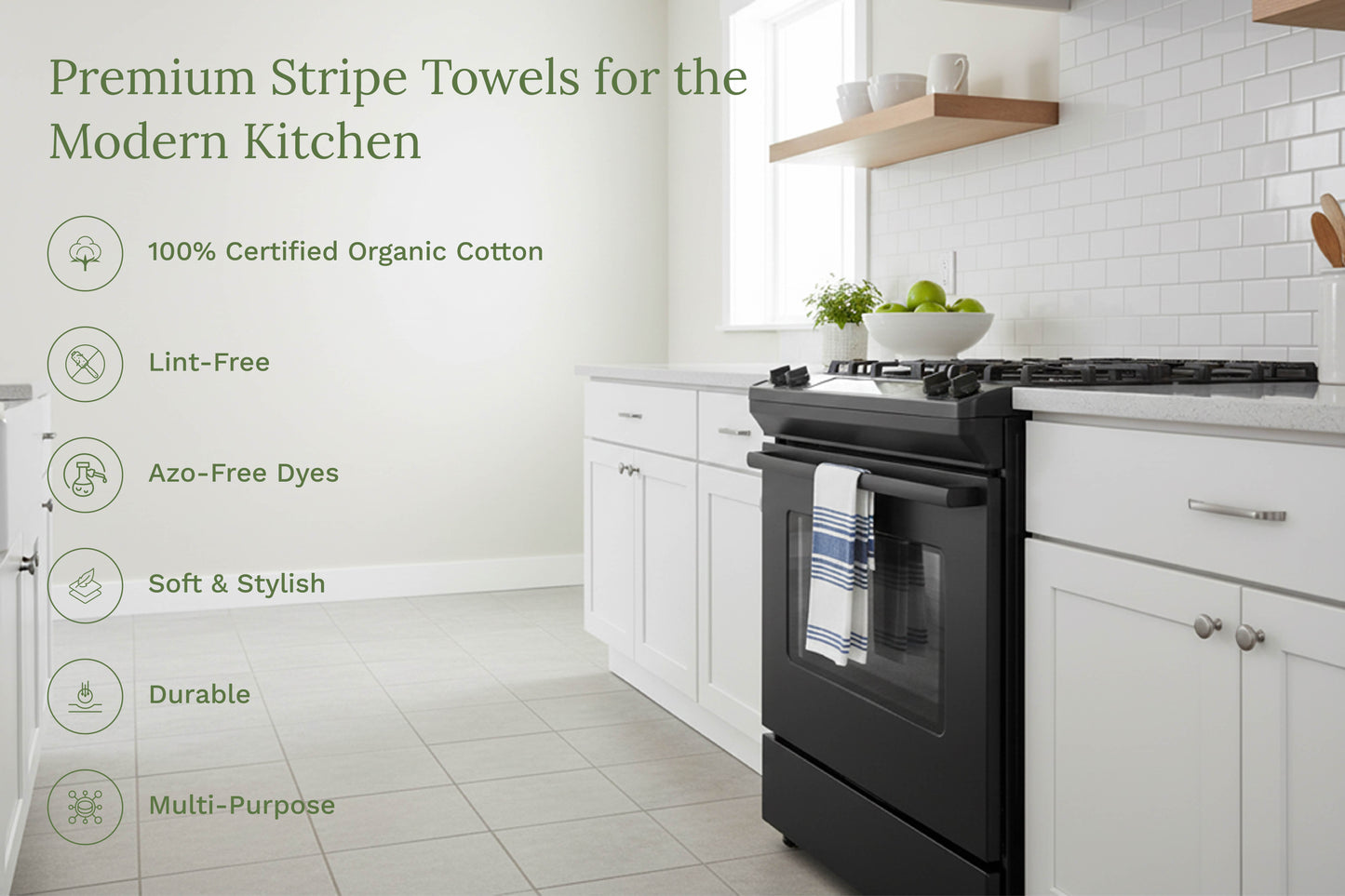 Striped kitchen towels in a vertical hanging set, dark stripes on light fabric