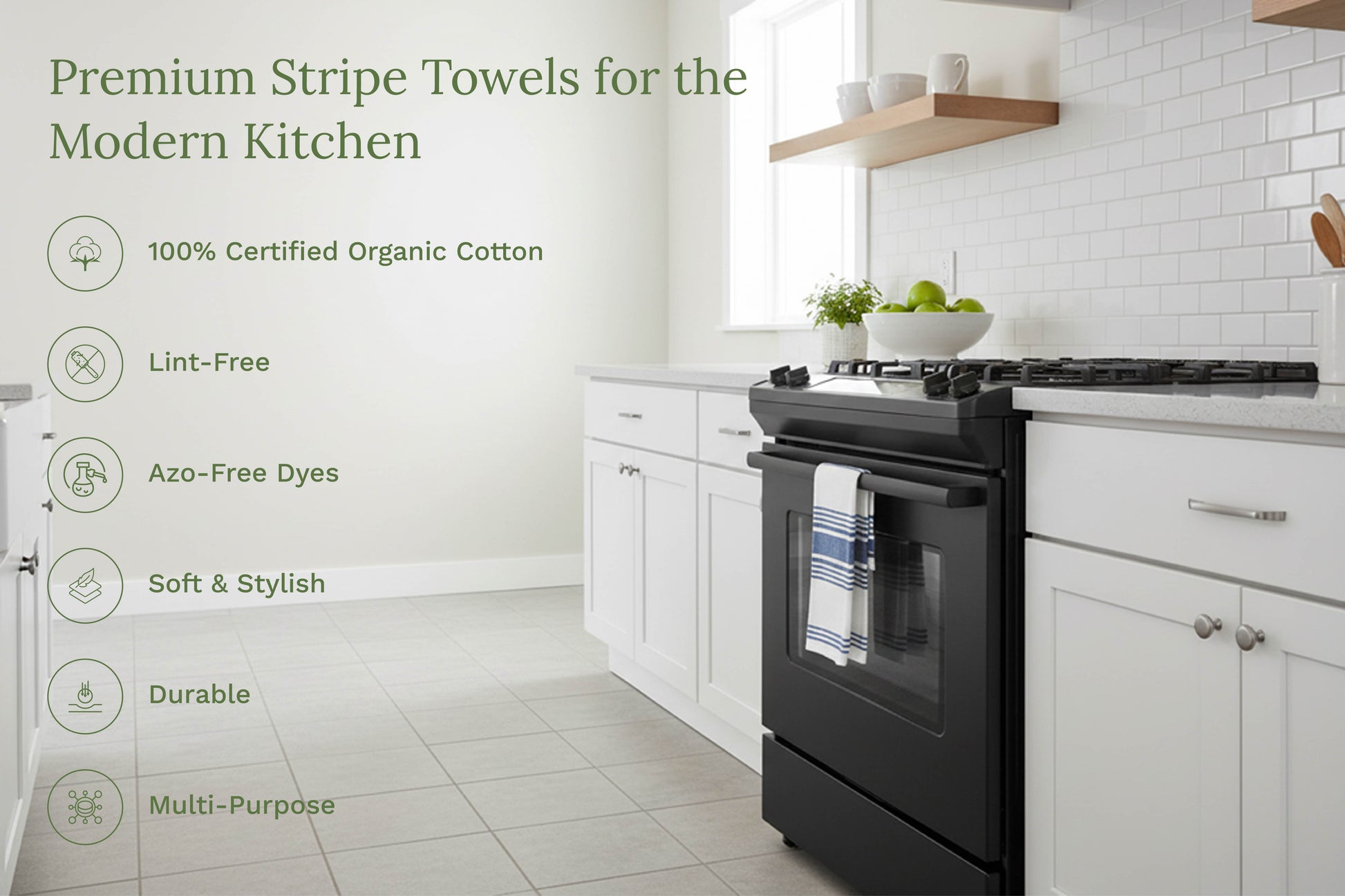 Striped kitchen towels in a vertical hanging set, dark stripes on light fabric