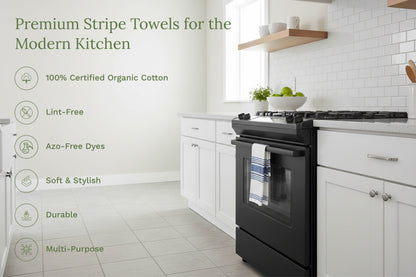Striped kitchen towels in a vertical hanging set, dark stripes on light fabric
