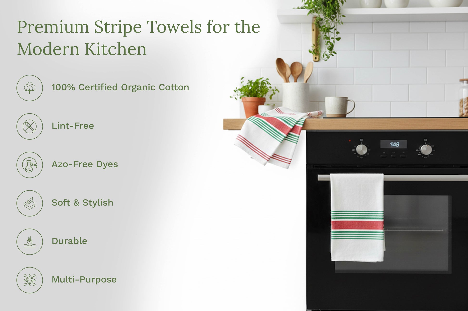 Green and red striped kitchen towel hanging on an oven door