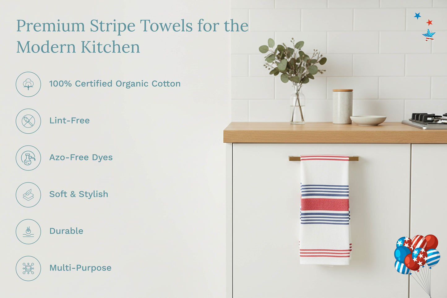 Red, white, and blue striped kitchen towels hanging on a cabinet