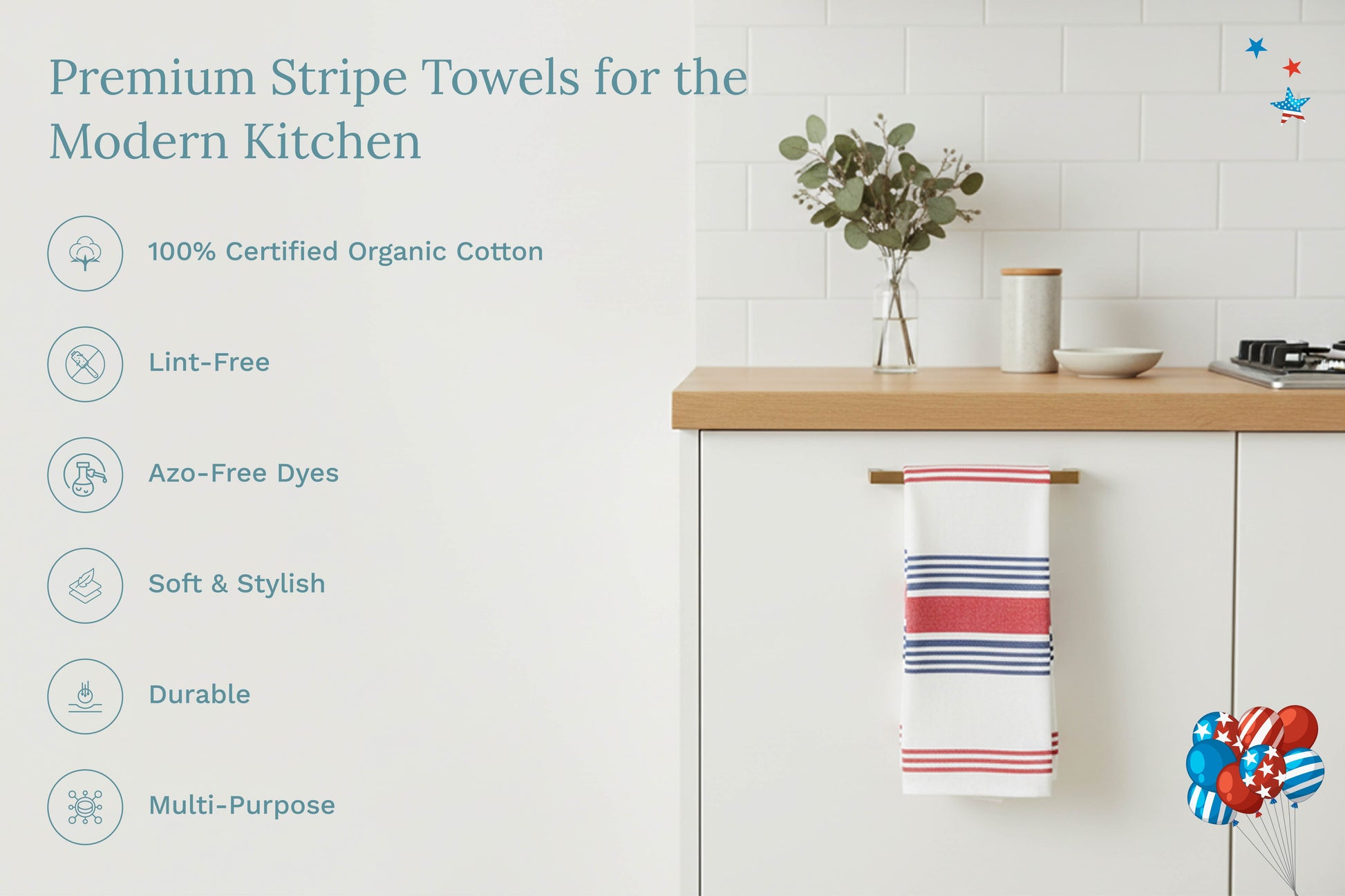 Red, white, and blue striped kitchen towels hanging on a cabinet