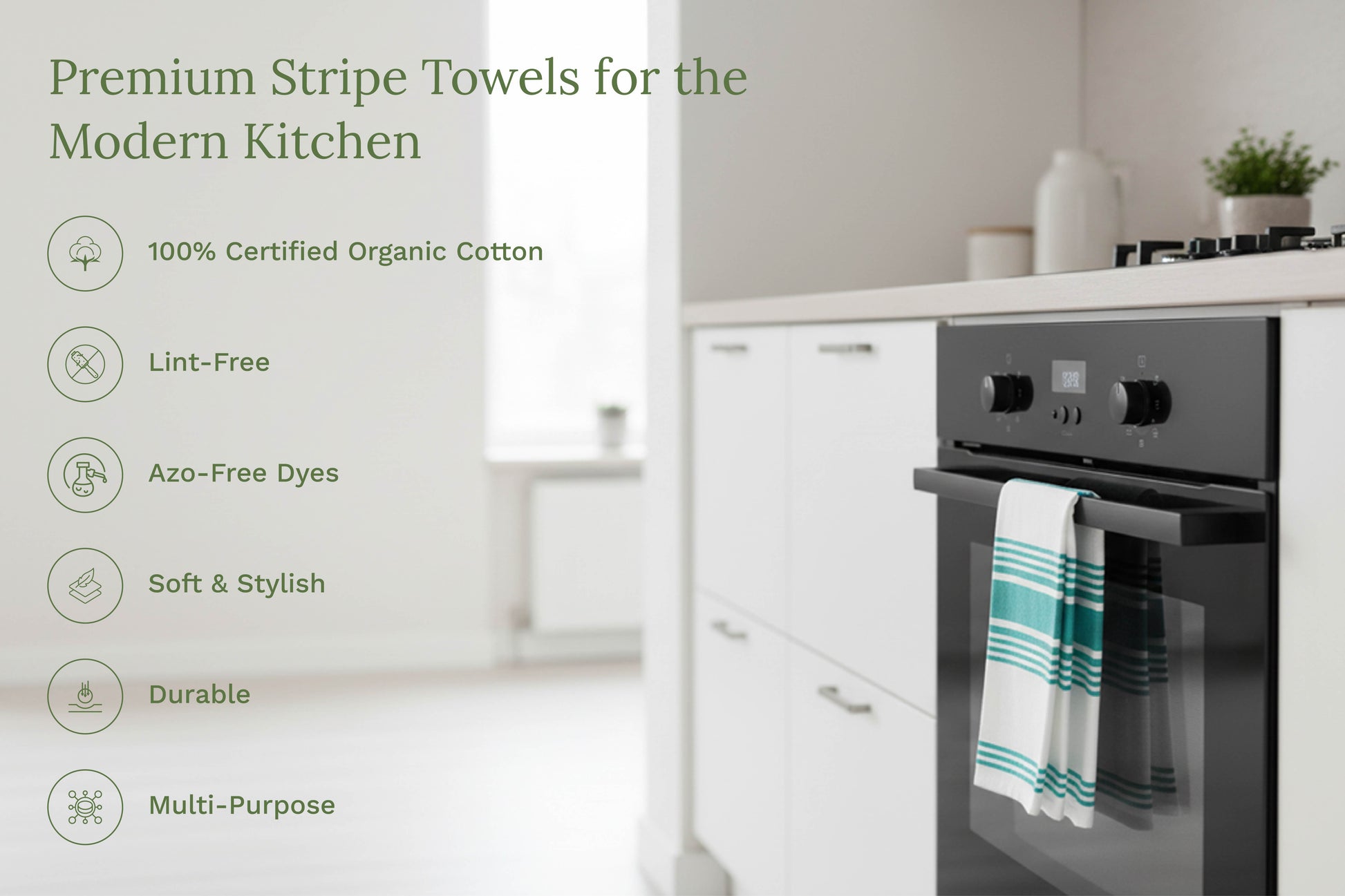 White kitchen towels with teal stripes displayed on oven door