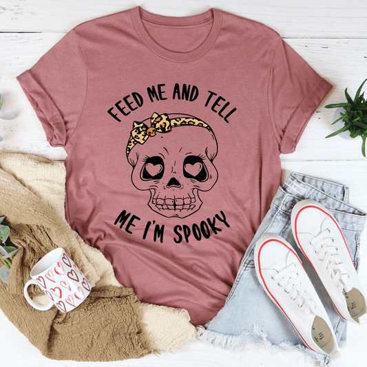 Mauve T-shirt with spooky skull graphic and heart eyes