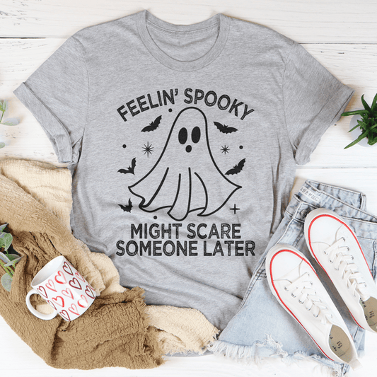 Heather gray crewneck t-shirt with spooky ghost graphic and bold lettering